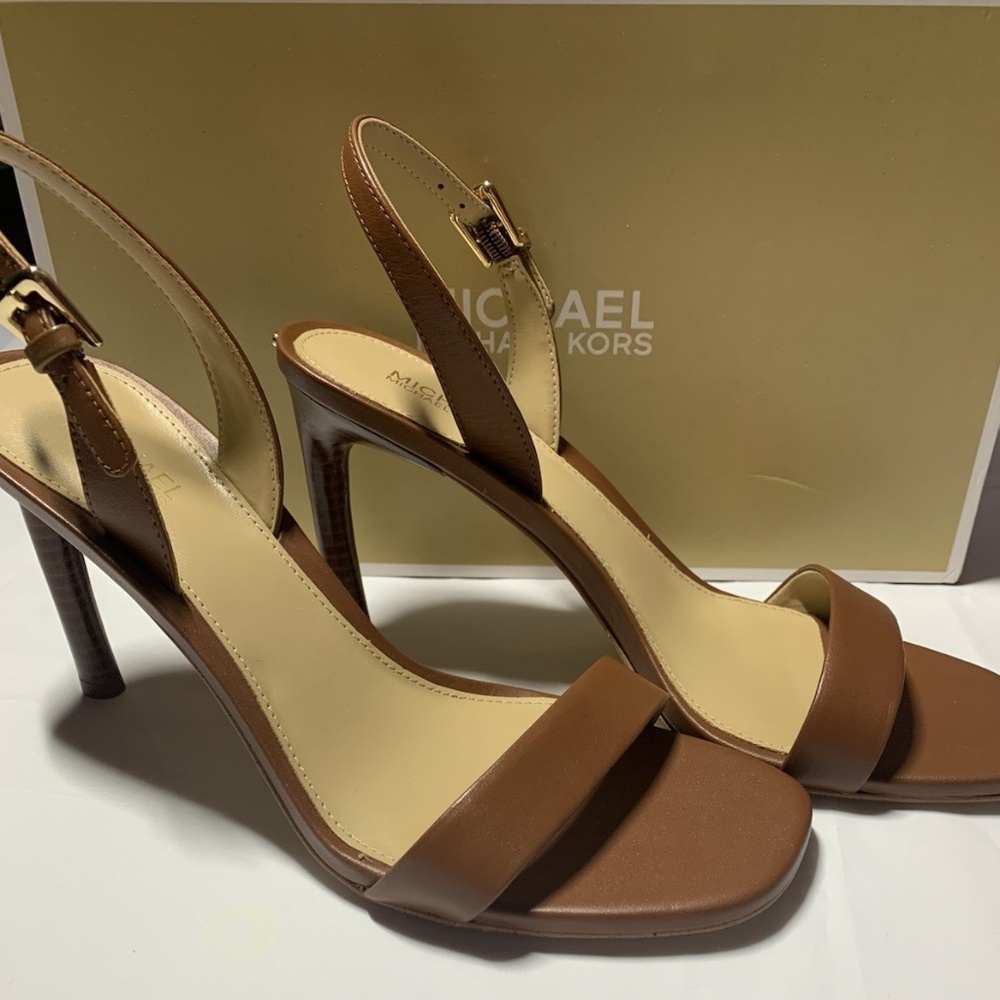 Michael Kors Kasia Leather Heeled Sandal Color Luggage Brown Women's Sz 7 Heels